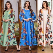 Women Print Beaded Dress Arab Burqa Islamic Dubai Gown Muslim Corban Jalabiya