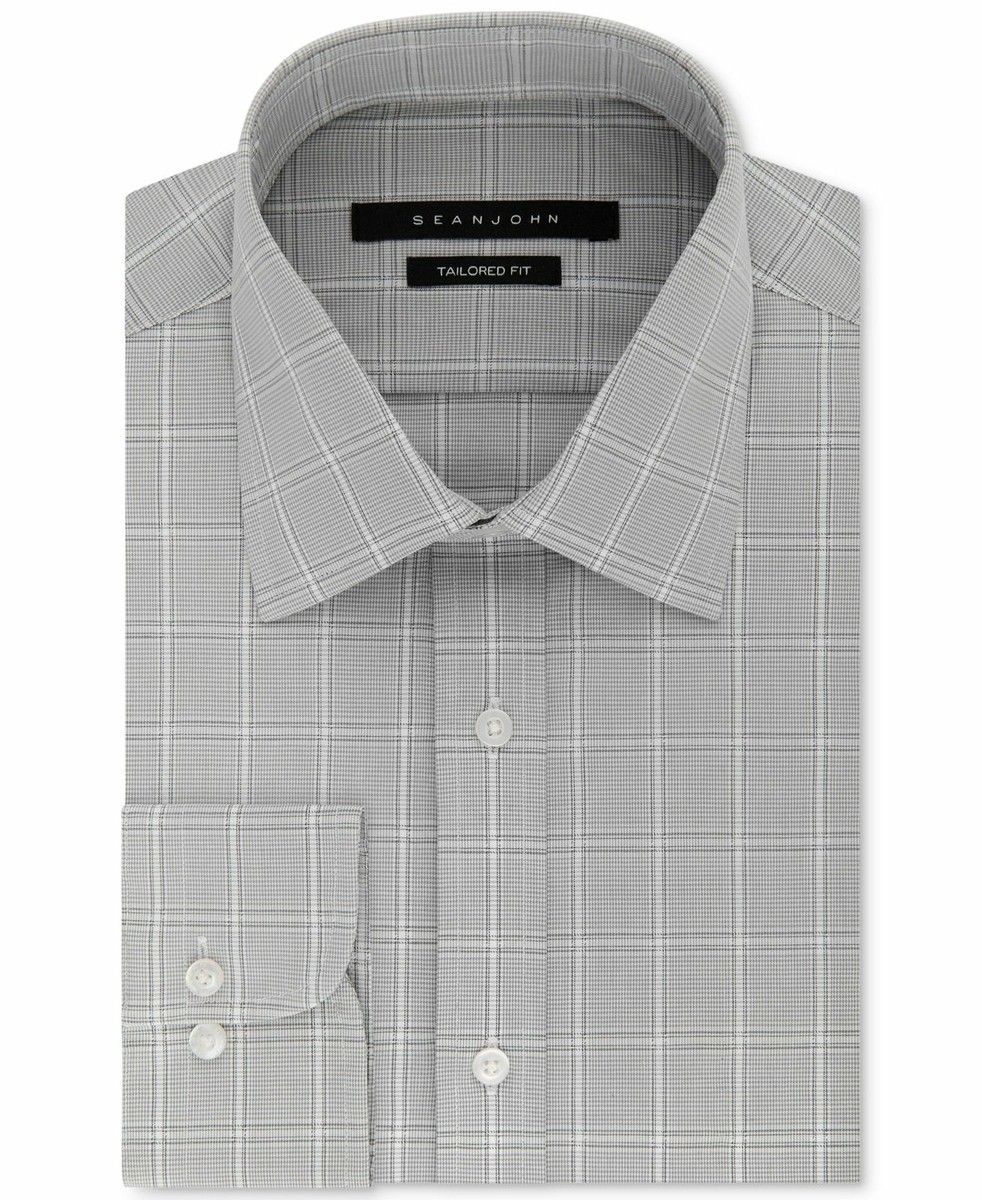 $82 Sean John 15.5 32/33 Men Tailored-Fit Gray White Long-Sleeve Top Dress  Shirt