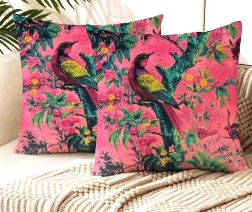 SET OF 2 PLUSH PRINTED VINTAGE BOHEMIAN RETRO PINK BIRD FLORAL CUSHION COVERS