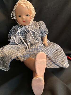 Antique 20” Composition Doll, Tin Sleep Eyes, Tatted Bonnet, New