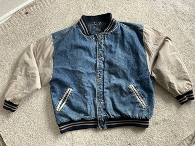 Route 66 Mens Vintage Denim Varsity Jacket Blue Cream Canvas Snap Front L