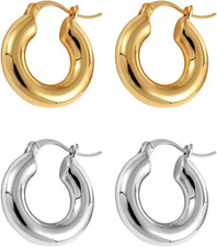 2 Pairs Gold/Silver Hoop Earrings for Women Set Trendy,14K Plated Gold Chunky Hu