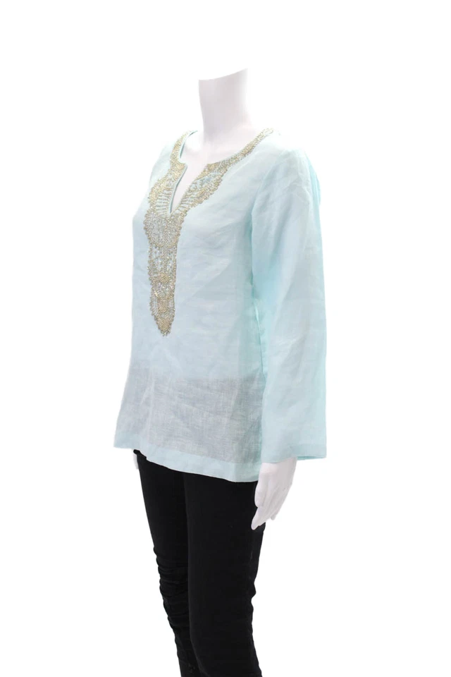 Blusa túnica azul Bella Tu de lino manga larga cuello en V con cuentas talla 04 para mujer Foto 2 de 4