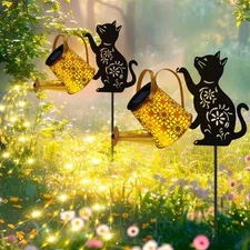 Solar Lights Outdoor Decorative, Watering Can with Cascading Lights, with Cat