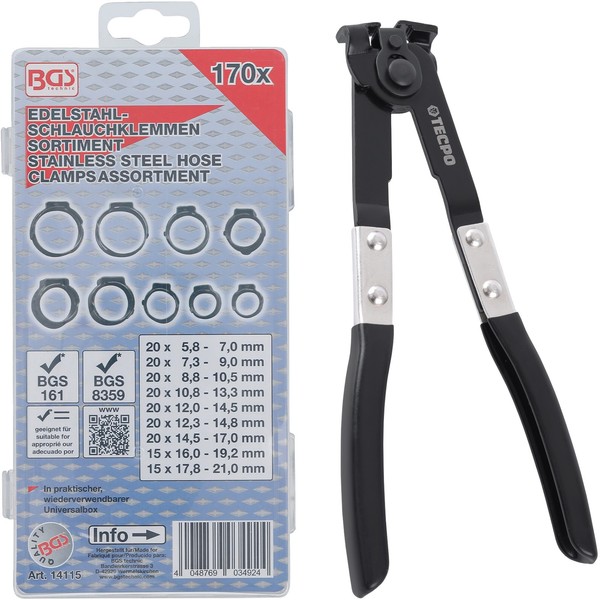 170X 1-OHR-SCHELLEN 5.8-21Mm Sortiment + ACHSMANSCHETTEN-ZANGE Schlauchschellen-image