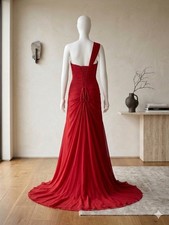 Elegant Red Evening Gown One Shoulder Ruched Formal Dress Long Train