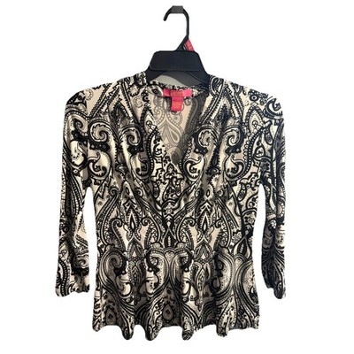 Y2K Aesthetic Vintage Retro Style Boho Paisley Surplice Indie Top 3/4 Sleeve