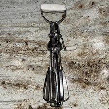 Vintage Hand Mixer Egg Beater Stainless Steel White Handle Antique Blender