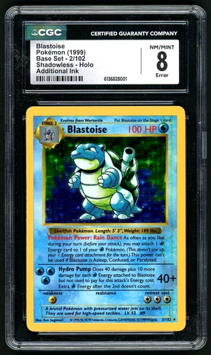 1999 Pokemon Blastoise Base Set 2/102 Shadowless Holo Additional Ink Error CGC 8