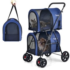 4-in-1 Double Pet Stroller w/ Detachable Carrier Travel Carriage for Cats Blue