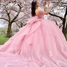 Custom Pink Tulle Ball Gown Quinceanera Dresses With Bow Lace Appliqued Mexican