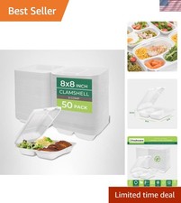 Compostable Clamshell Food Containers [8x8"] 3-Compartment 50-Pack, Disposabl...