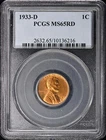 1933-D 1C Lincoln Cent - Type 1 Wheat Reverse PCGS MS65RD