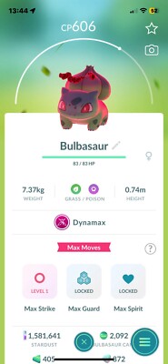   Pokemon Go   #1 Bulbasaur * Dynamax* Rare /