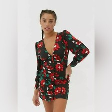 NWOT Urban Outfitters Michelle Plunging Floral Mini Dress Black/Red/Green Size S