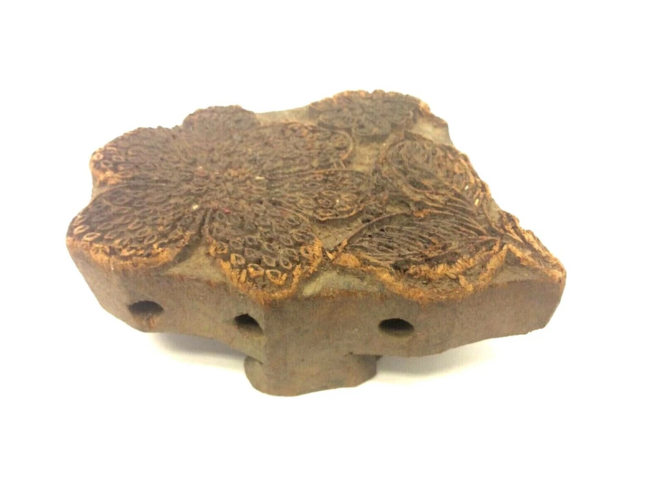 Antique Hand-Carved Primitive Floral Flower Ink Stamp – Wooden Art Block - Image 2 of 4