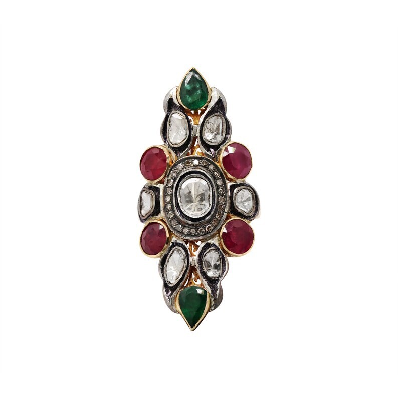 Natural Emerald Ruby Victorian Silver Genuine Polki Diamond Ring