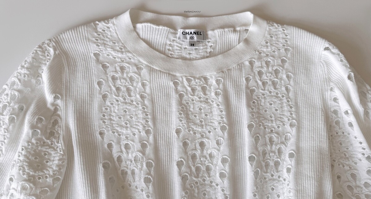 CHANEL レース編みニット 36 ホワイト $3950 CHANEL 20P WHITE CROCHET LACE KNIT CC LOGO DRESS 36 | eBay