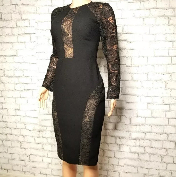 Nicole Bakti Mid Length, 3/4 Sleeve Dress with Lace Sleeves and Accents |  eBay