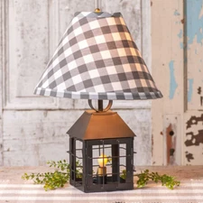 Primitive Country Tin Colonial Lantern Lamp w/ Gray Check Shade