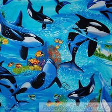 BonEful Fabric FQ Cotton Quilt Blue Black White B W Water Ocean Sea World Fish L