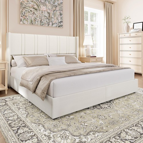 King Size Bed Frame with 4 Storage Drawers Linen Upholstered Platform Bed wit... - Picture 9 of 9