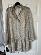  River Island Cream Floral Ruffle Dress Boho Smock Mini Long Sleeve Floaty