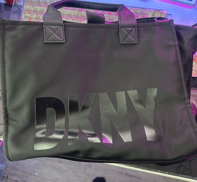 DKNY Black Large Logo Tote Zip Top Double Handles Pouch Inner Pockets Silver