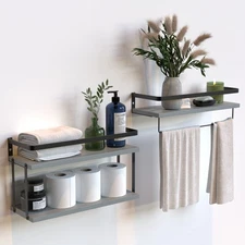 2-Tier Floating Shelves Set of 2 Rustic Wood & Metal Storage Rack - Grey