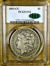 1893-CC PCGS F12 Morgan Dollar - CAC Stickered