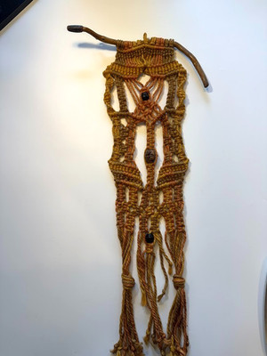  Vintage 70s Macrame Wall Hanging Driftwood Boho MCM Jute Wood Beads Autumn 26''