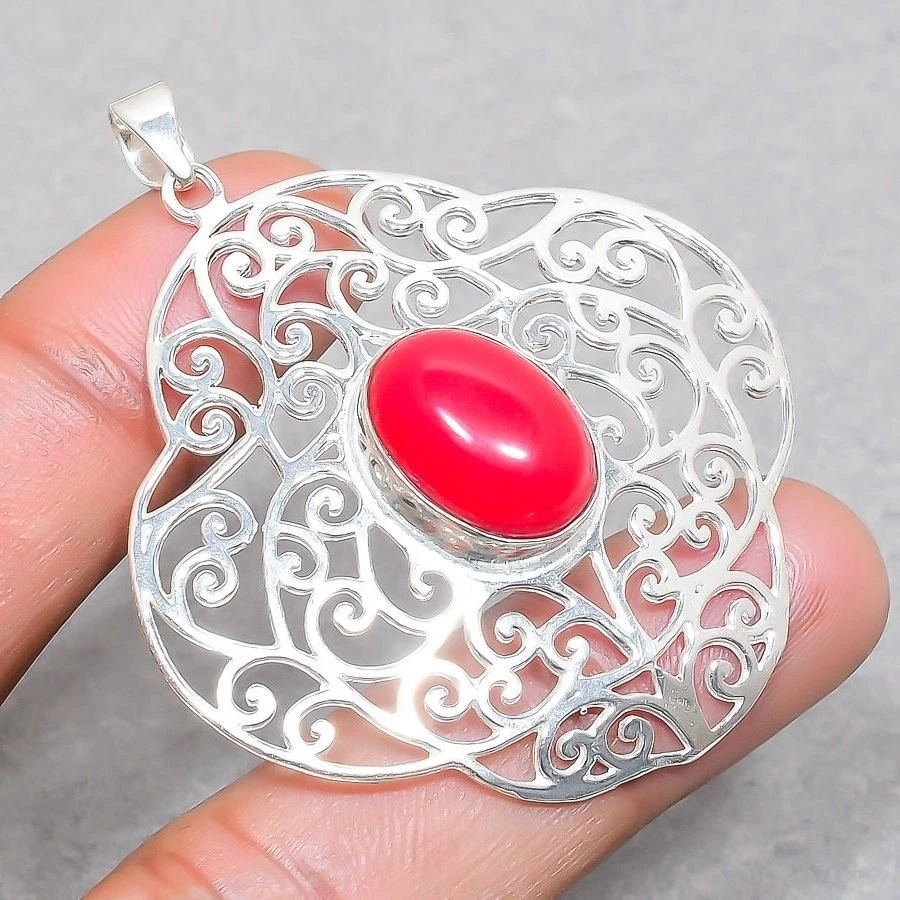 Ciondolo pietra preziosa ovale corallo rosso fatto a mano regalo del ringrazi... - Immagine 2 di 4