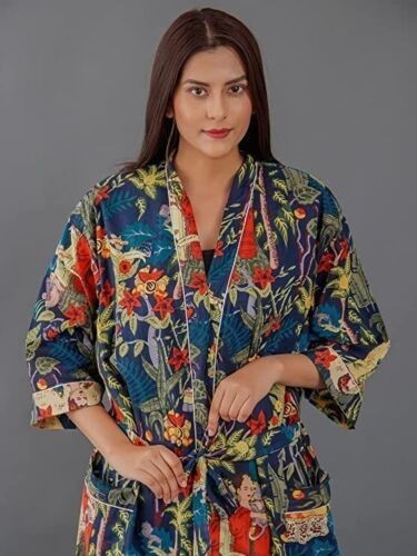 Indian Handmade Dark Blue Kahlo Printed Kimono Robe One Size Women Bath Robe - Picture 1 of 4