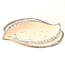 Mid Century California Pottery Leaf Ashtray Speckled Glaze Gold Trim MCM