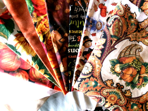 Lot 11 Fall Fabric & Remnants, 3 + Yds. Pilgrims, Leaves, Sunflowers, Pumpkins