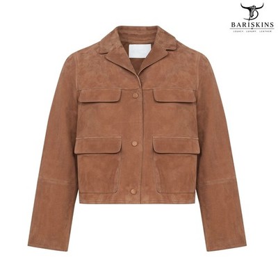 Bariskins Women s Minimal Utility Cropped Suede Jacket   Premium Tan Leather Shi