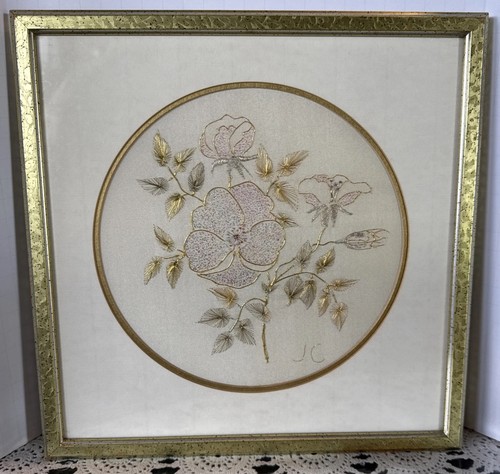Silk Thread Embroidered Floral Framed Art 11.75 X 11.75 Vtg Handmade