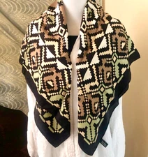 VTG NICOLE MILLER Collection SILK SCARF 34 x 34 Abstract Maze Aztec Pattern Logo