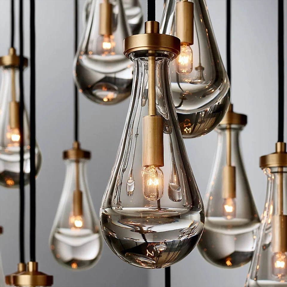 Brass & Glass Raindrop Pendant Chandelier Adjustable (1/3/7/13/21/31) - Image 2 of 4