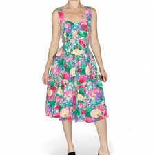 Vintage 80  s Colorful Floral Spring Coquette Girly Sleeveless Knee-Length Dress