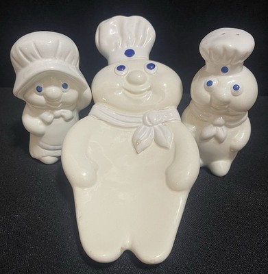 Pilsbury Doughboy Porcelain Salt & Pepper Shakers & Spoon Rest Vintage 1988 B&M