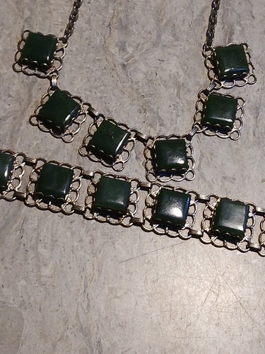 2 Pc Vintage Boho Chocker Necklace Bracelet Set Green Stone Silver Tone - Picture 9 of 10