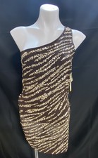 Alice + Olivia Women's Brown One-shoulder Sequin Striped Mini Dress Sz 6 NWT