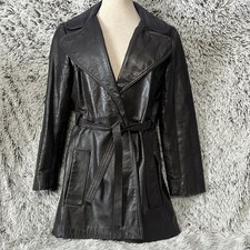 60-70s Genuine Leather Belted Mid-Length Coat...