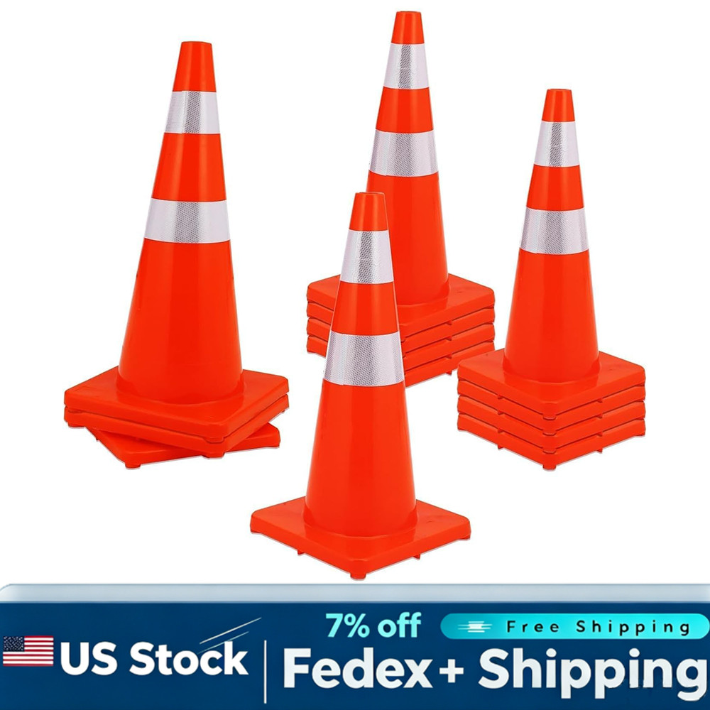 28" Traffic Cones 12 Pack PVC Reflective Collar Black Base Safety Cone Orange