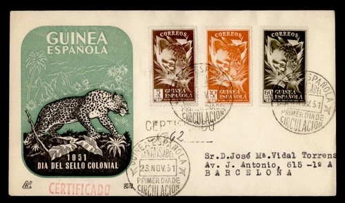 DR WHO 1951 SPANISH GUINEA FDC ANIMAL STAMP DAY SEMI POST COMBO M76588