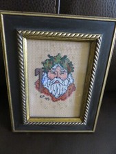 Needlepoint Santa in Black / Gold Frame  7" by  5.5"  Great Gift Idea 