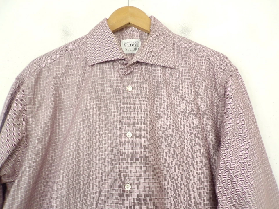 GIANFRANCO FERRE STUDIO Hombres 17 43 Blanco y Rojo Oscuro Estampado Camisa de Vestir Botón Foto 2 de 4