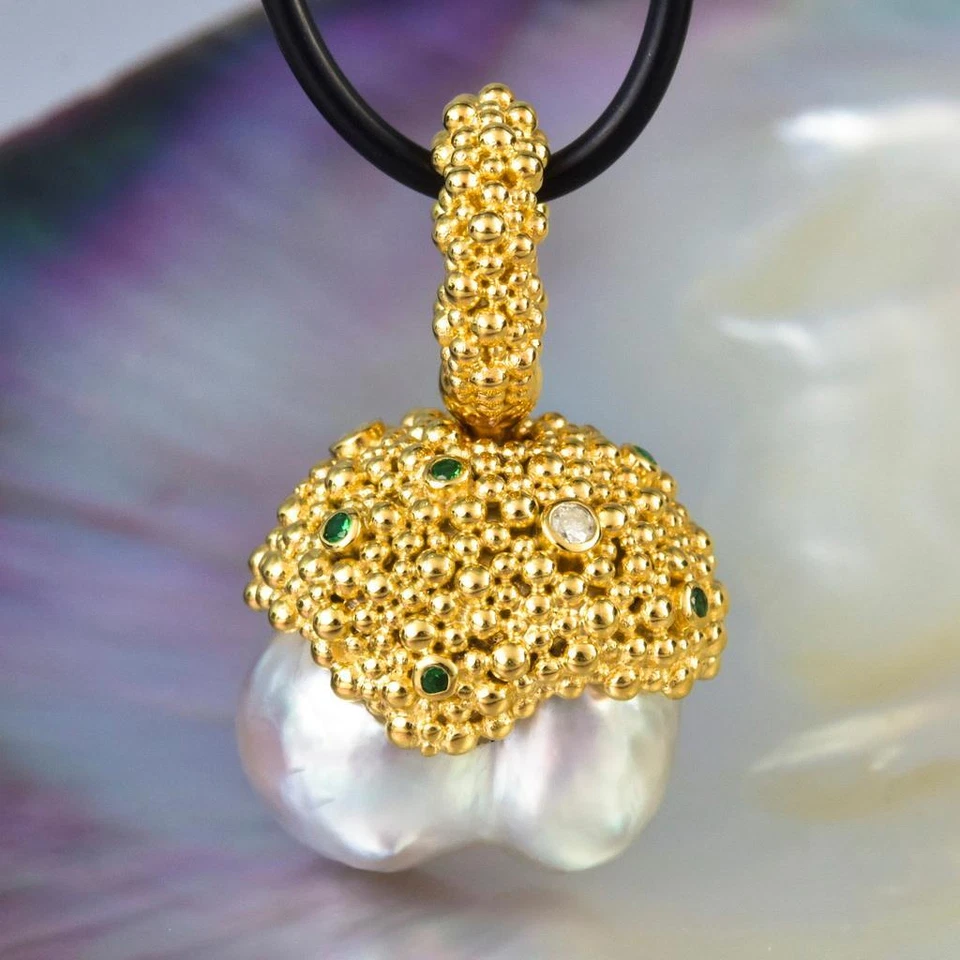 Gigantische South Sea Pearl Pendant Gold Vermeil Sterling, Diamant - & Smaragd - Bild 1 von 4