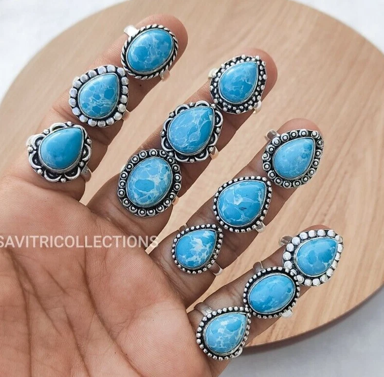 Larimar Stone Mix Design Wholesale Ring Silver Plated Handmade Bulk Jewelry Sale - Image 3 of 4